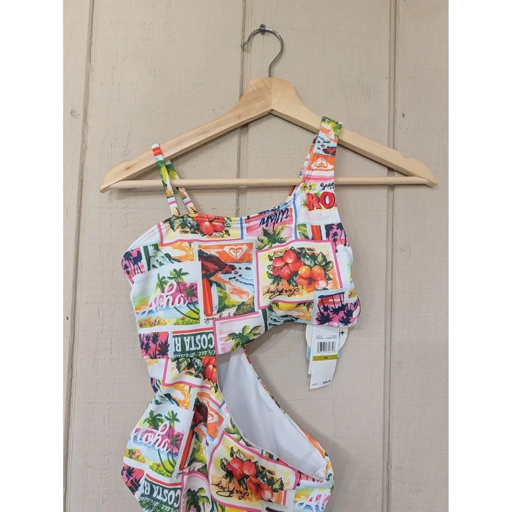 Roxy Girls Tropical‎ Postcard Cutout One Piece Swimsuit One Shoulder Size 14 NWT
